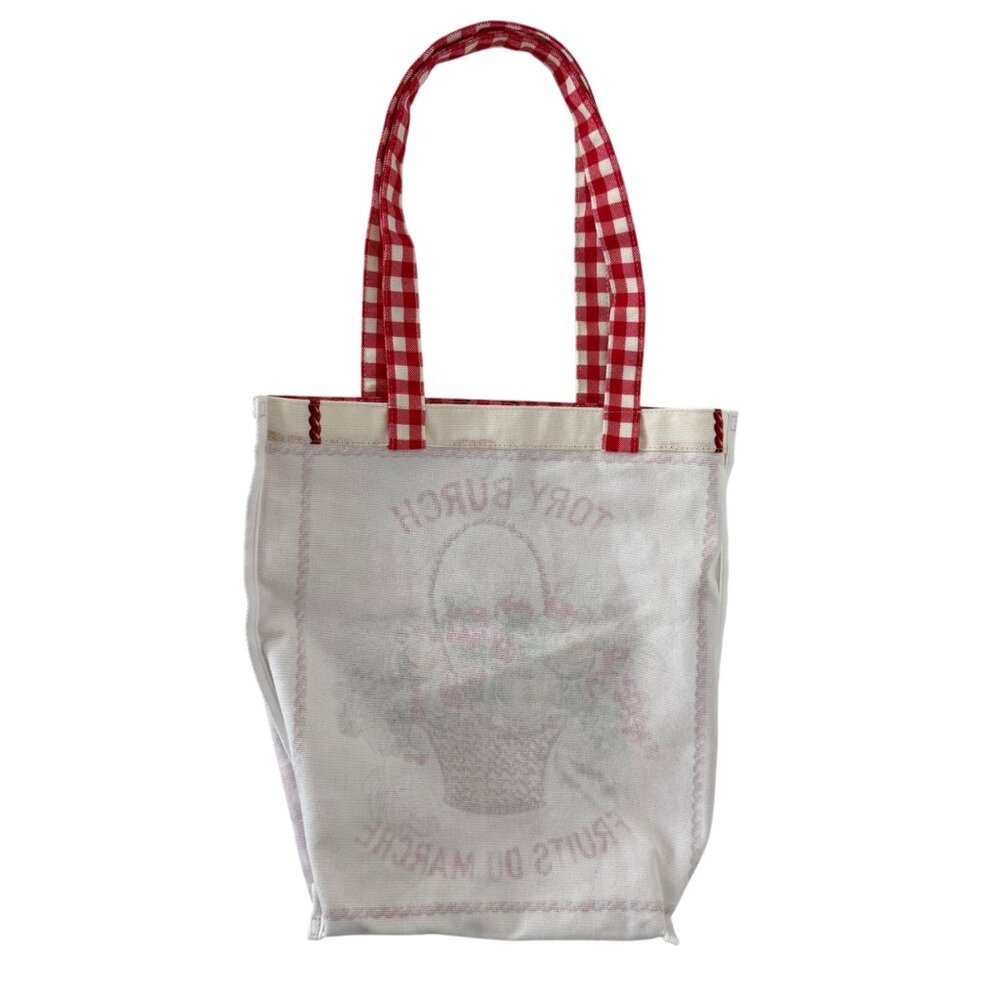 Tory Burch Red Fruits de Marche Plaid Gingham Market Tote Shopping Canvas Bag - Picture 10 of 16